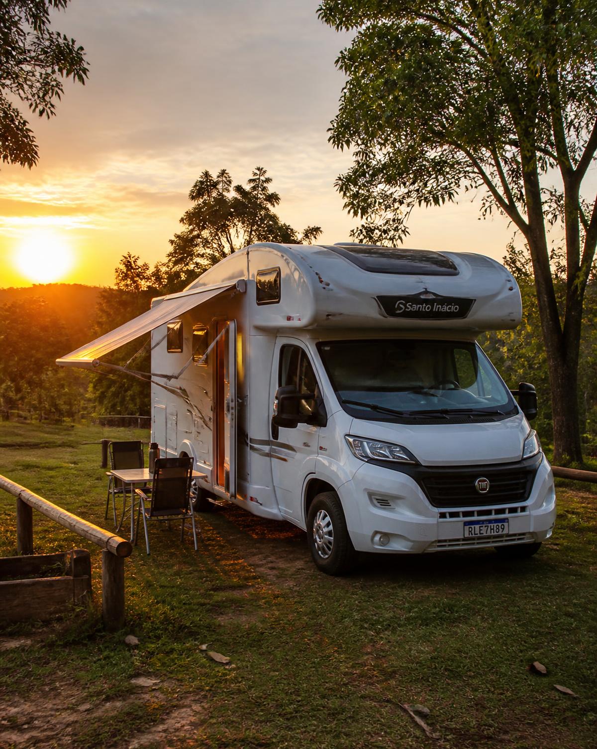 Motorhome estacionado em área natural durante o pôr do sol